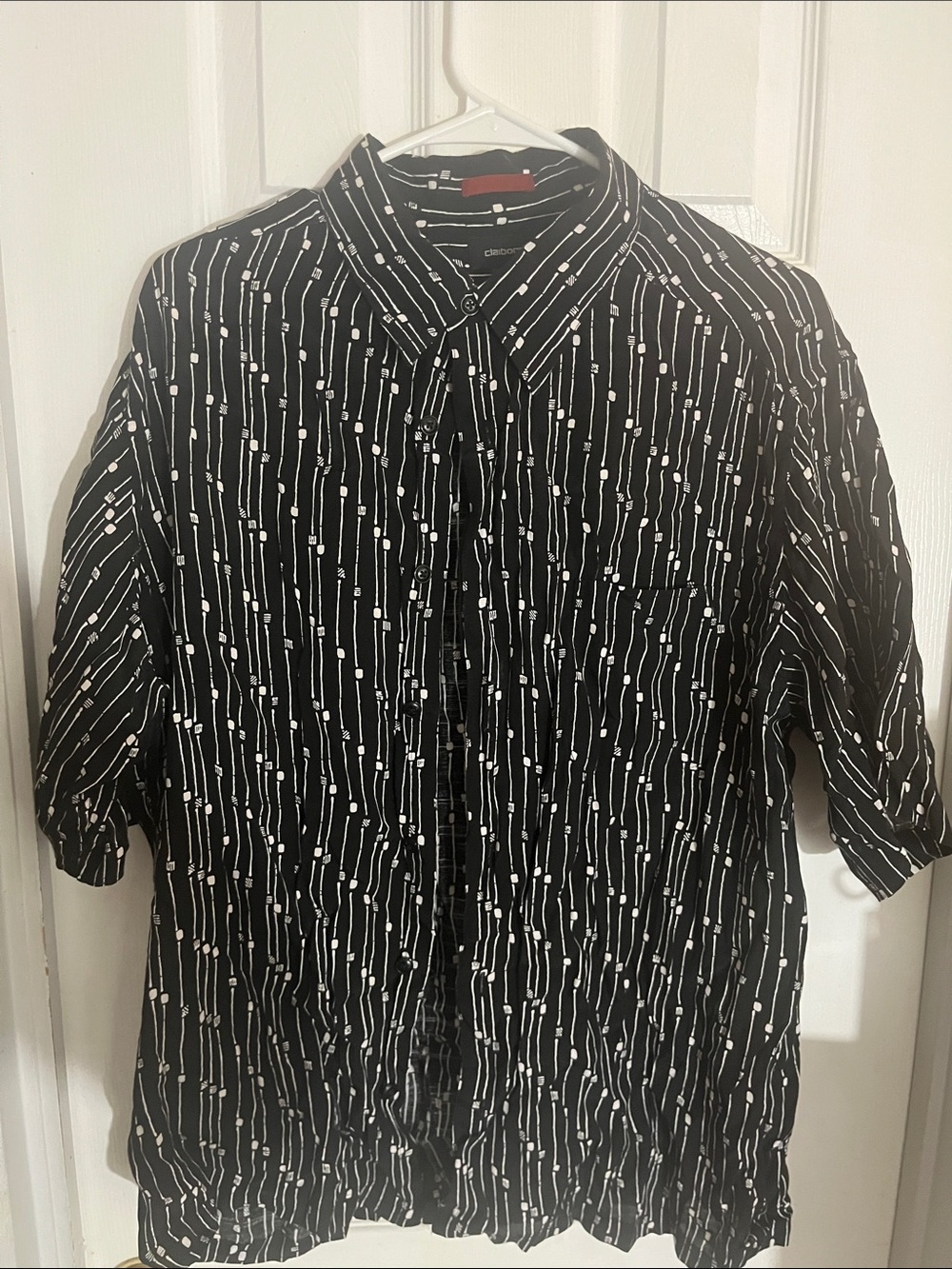 Claiborne Black Button-Down Shirt with White Linear Dot Pattern